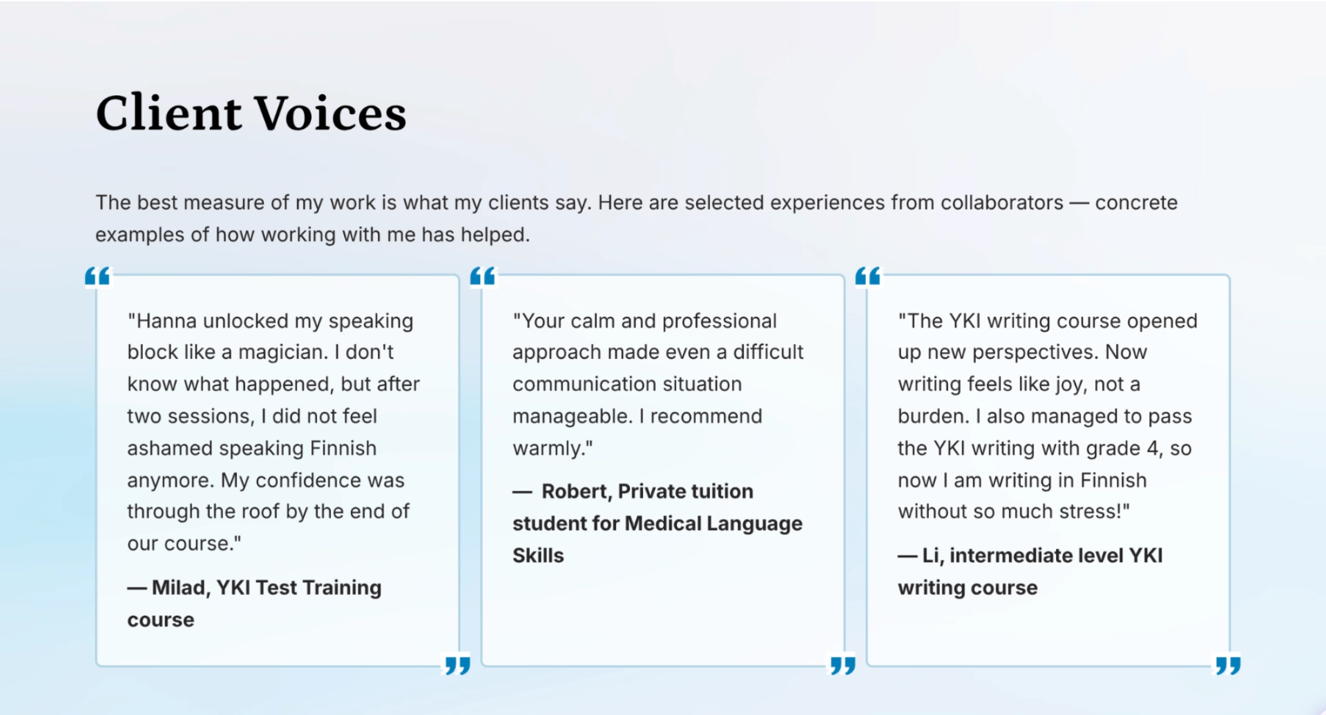 Kielenrauhaa student testimonials: Finnish language learners share their success stories. Real reviews from people who improved speaking confidence, passed YKI exam, and gained fluency through personalized online lessons with Hanna Huovari.